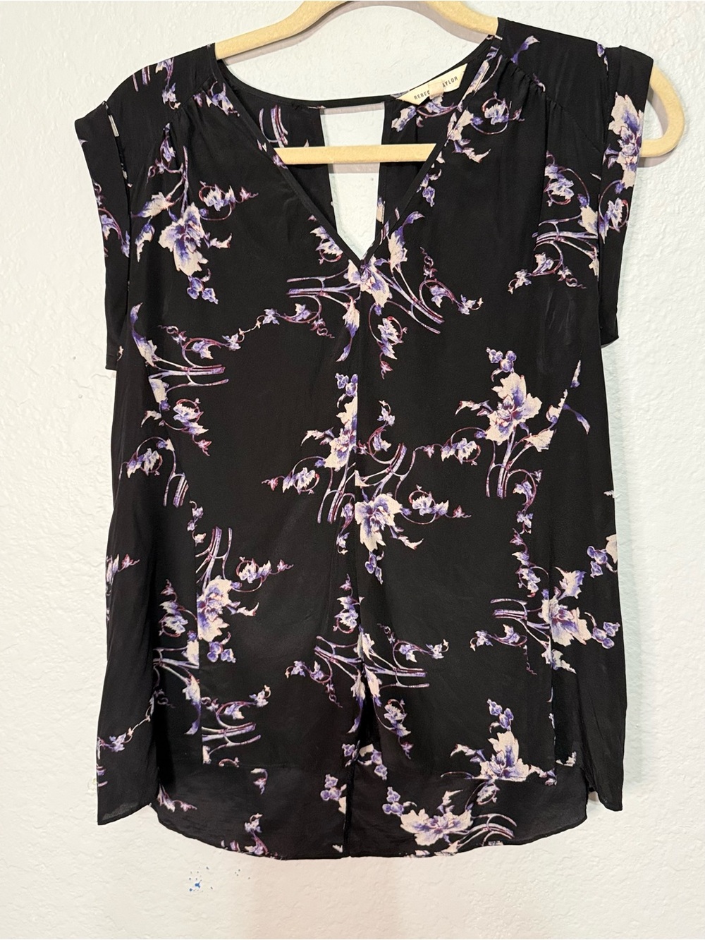 Rebecca Taylor Black Floral Keyhole Cap Sleeve Blouse - Lavender & Cream Print